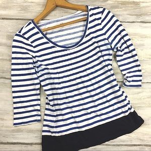 Ann Taylor LOFT Nautical Striped Ruffle Top Pleated Yoke 3/4 Sleeve Tee Blue S